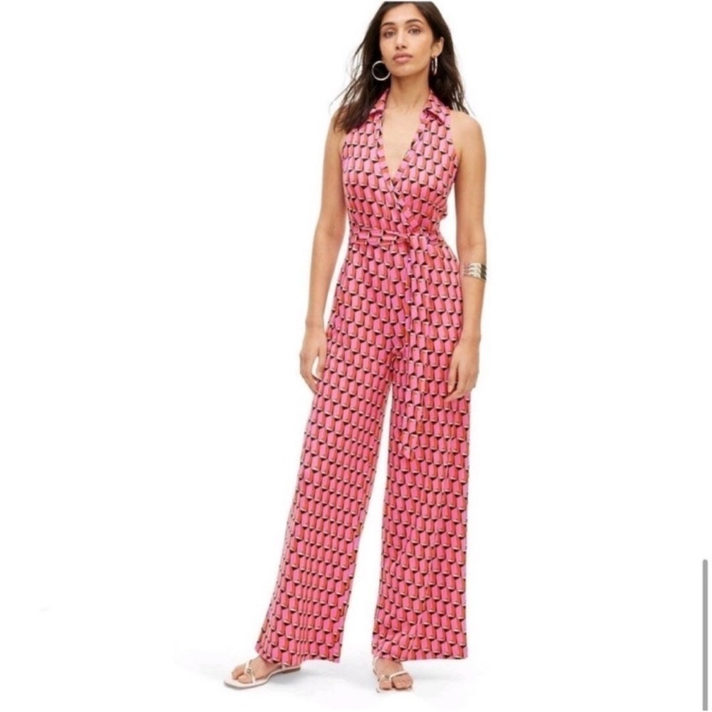 Diane Von Fürstenberg DVF Pink Retro Wide Leg Collared Jumpsuit New